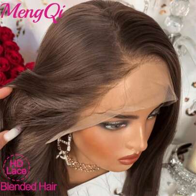 200 Density Hair Wigs Glueless 34 Inch Brown Color Hair No Glue HD Lace Front Wig Human Blended Hair 13*4 5*5- Glueless, Pre-Plucked & Cut Straight Human Blended Hair HD Transparent Lace Closure With Baby Hair Wear And Go Wig Natural Looking Beginner Friendly