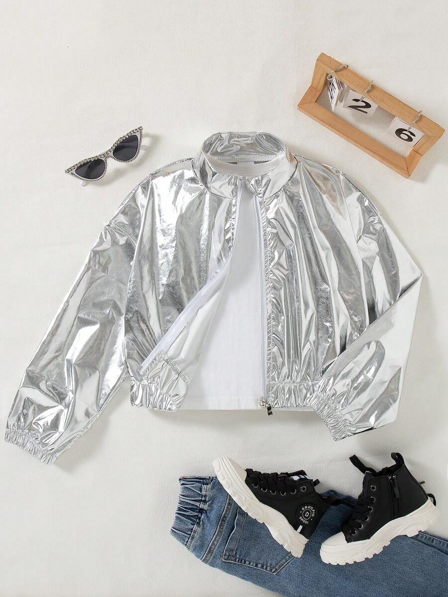 Chaqueta casual con cremallera, hombros caídos y manga larga para niñas, primavera/otoño - Plateado - Ver 1