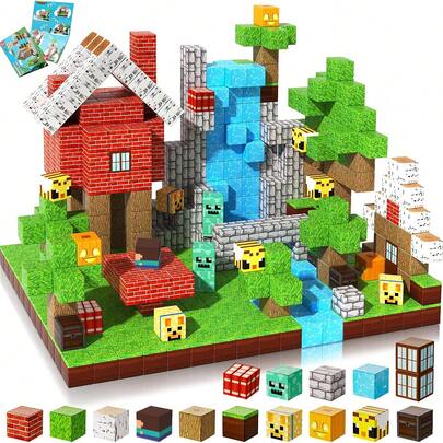 48/100/200/300PCS New Magnetic Building Blocks Mine World Magnetic Forest House Construction Brick Cube Toys Set STEM Education Montessori Sensory Stacking Magnets For Kids 2026 Birthday Holidays Best Gift For 3+ Boy Girl Children