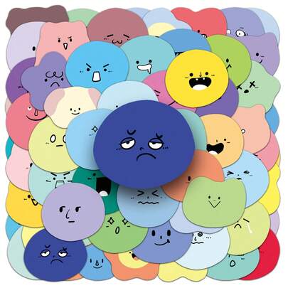 65张简约圆形小表情卡通美学涂鸦贴纸，适用于DIY手册、滑板、吉他、水杯等，自粘节日装饰贴纸，剪贴簿用品，文具趣味贴纸，Kindle适用