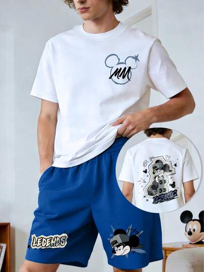  Trang phục lễ hội dành cho nam giới của Disney. Bộ đồ Mickey Graffiti Skateboard kiểu Mỹ: Áo thun in hình MM phía trước + Quần short LEGENDS màu xanh dương, bộ đồ đôi thường ngày, lý tưởng cho ở nhà và đi làm, món quà hoàn hảo cho người hâm mộ Disney.