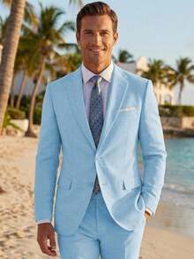 2pcs Men's 2 Piece Light Blue Linen Suits For Men Slim Fit Casual Beach Wedding Summer Grooms Groomsmen Linen Blazer Pants Suit - 淺藍色 - 查看 9