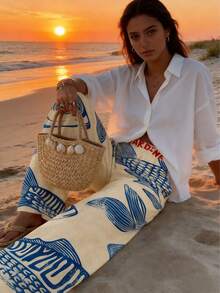 Conjunto de primavera/verano para vacaciones de mujer, pantalones con detalles de bolsillo y estampado de escamas de pez, de estilo bohemio, cómodos y de moda - Beis - Ver 9