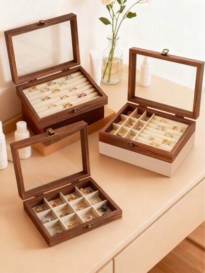 1pc Large Capacity Jewelry Tray, Walnut Wood Grain Velvet Jewelry Organizer Box, Multi-Layer Jewelry Storage Box For Necklaces, Earrings, Bracelets, Rings, Luxury Jewelry Box