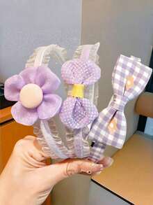 3pcs Girls Back To School Plaid Bow & Flower Headbands, Suitable For Daily Use - Mauve Purple - View 5