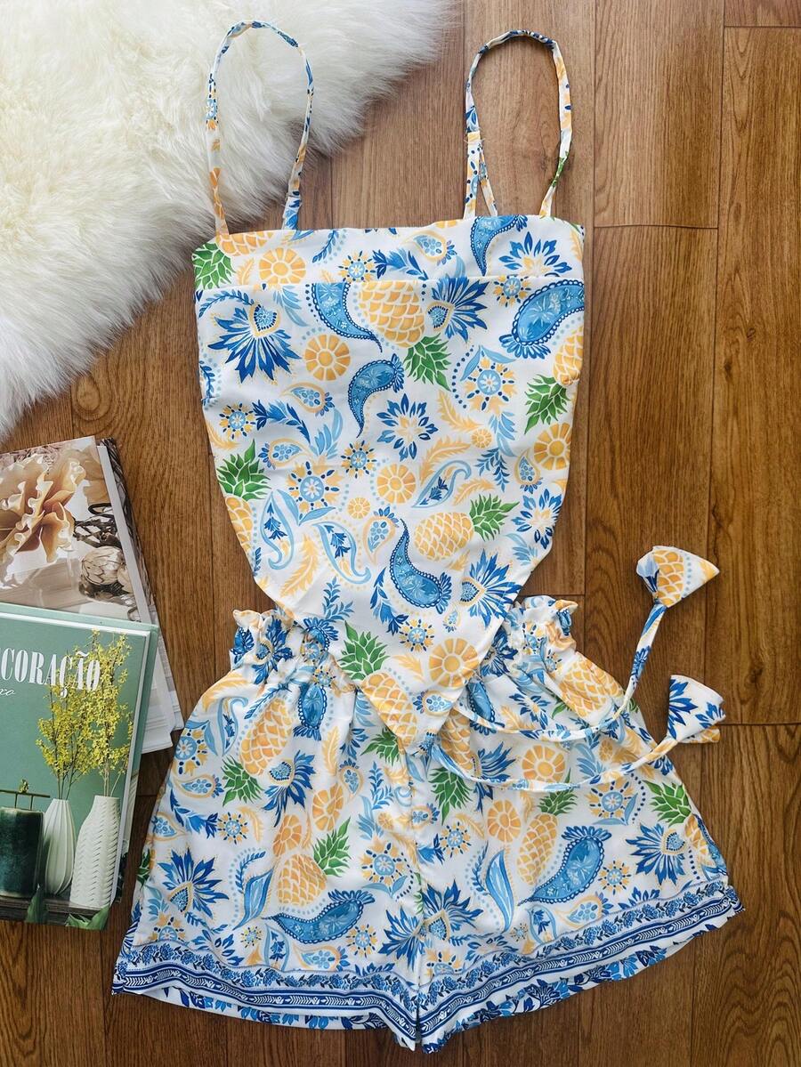 JING MODAS Crepe Fabric Set Consisting Of A Cropped Top And Shorts With Lining. - azul com amarelo - 查看 1