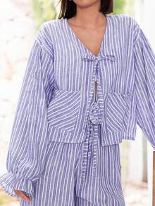 Plus Size Long Sleeve Drawstring Waist Front Tie Wide Leg Casual Pants Set, Suitable For Vacation, Spring/Summer Wear Elegant - Blue - View 9