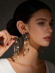 一对复古优雅的月亮女神设计耳环，饰有星星/珍珠流苏，迷人的小众高端耳环，适合女性日常佩戴或节日场合。 - 彩色 - 查看 8