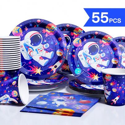 1 Set Disposable Astronaut Themed Plates, Napkins, Cups, Suitable For 10 Guests, Disposable Paper Plates Party Supplies For Birthday, Wedding, Theme Party, Family Picnic