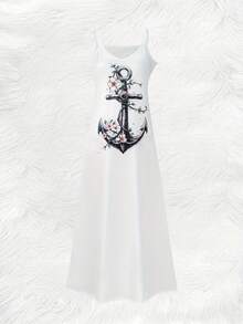 1 Piece Minimalist Nautical Style Knitted Fabric Smooth & Draping Women's Beach Strolling Summer Dress For Friend's Travel Gift - White Base With Anchor & Floral Print Women's V-Neck Cami Maxi Dress - 彩色 - 查看 2