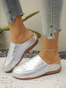 Plus Size Women's Summer New Fashion Casual Wine Red & Black Patchwork Round Toe Platform Thick Bottom Slip-On Sandals, Comfortable Daily/Beach Wear - Silver Diamond Pattern - View 5