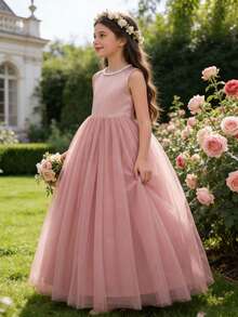 Váy hở lưng đính ngọc trai nơ thanh lịch cho bé gái, váy dạ hội công chúa cho bé gái rải hoa, tiệc tùng, đám cưới, sinh nhật, vũ hội, tốt nghiệp, mùa hè - Bụi hồng - Xem 4