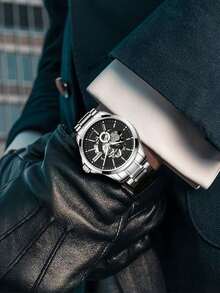 1 pieza Reloj automático mecánico de esqueleto para hombre, correa de acero inoxidable, resistente al agua 30M, reloj de pulsera casual de negocios, cristal recubierto FW-6140 - Unitalla - Ver 9