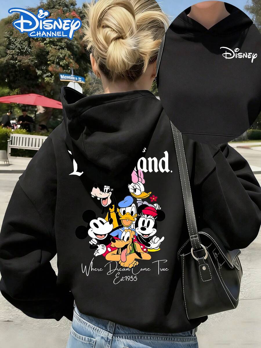 Disney Women's Hooded Sweatshirt Features A Double-Sided Print Of Mickey And His Friends In Lettering Cartoon Style Autumn/Winter Hooded Sweatshirt Soft, Comfortable, And Warm Fabric A Staple For Autumn/Winter Outfits Perfect For Everyday Casual Wear, Travel, Or Shopping Also Makes An Ideal Gift - 黑色 - 查看 1