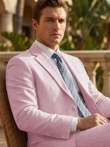 2pcs Men's 2 Piece Linen Suits For Men Slim Fit Casual Beach Wedding Summer Grooms Groomsmen Linen Blazer Pants Suit - 粉色 - 查看 4