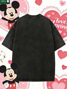 Disney Stitch And Angel Est Year Couple Vintage Washed T-Shirts 180g Washed Cotton Mickey And Minnie Flower Bouquet Loose Short-Sleeved Couple's Outfit - 黑色 - 查看 3