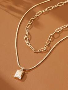 Unique Round Snake Bone Chain And Square Paperclip Chain Set, With Sparkling Cubic Zirconia Pendant Necklace - Yellow Gold - View 3