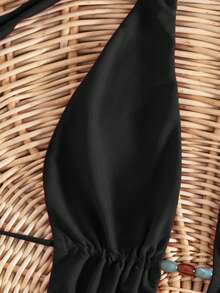 PEPPERMOLLY 2026年最畅销红色连体泳衣，性感镂空胸部设计，饰有仿珍珠和领带，必备沙滩派对装扮，修身夏季沙滩度假装黑色 - 黑色 - 查看 7