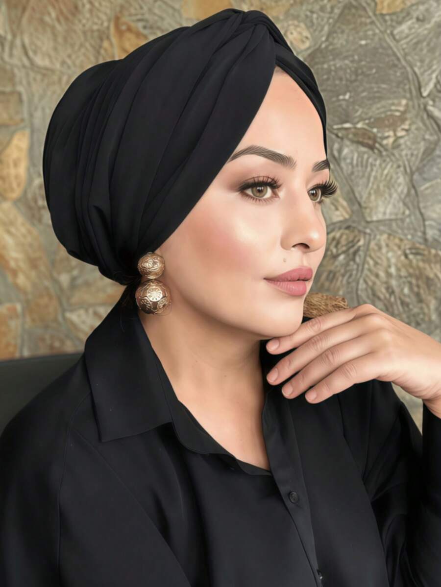1pc Women's Classic Solid Color Chemo Turban, High Elasticity Pleated Design, Non-Slip Breathable Fabric, Multilayer Pleated Headwrap For Hijab, Soft Comfortable Modal Knit Material, Suitable For Daily Wear - Black - View 1