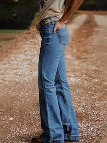 Women's Fashion Back Pocket Embroidered Flare Stretch Jeans - Medium Blue - 查看 4