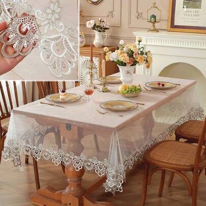 1pc Polyester French Lace Embroidered Mesh Tablecloth, Suitable For Dining Table, Coffee Table, Shoe Cabinet, Chest Of Drawers, TV Stand, Piano, Daily Home Decor And Wedding Party Holiday