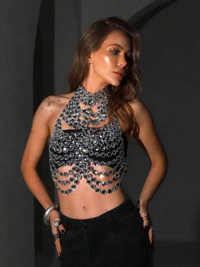 DEKUNER Sprankelende kralenketting voor het lichaam, crop top voor een nachtclubfeest, feestelijke lichaamssieraden, modieus en opvallend.