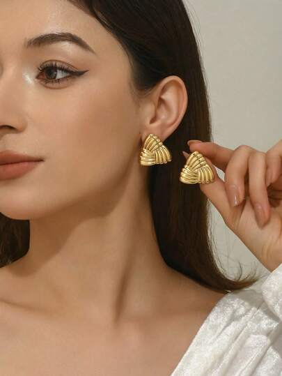 1 par de pendientes de botón de acero inoxidable con textura tejida geométrica minimalista y elegante, adecuados para uso diario, atuendo de fiesta, regalo de joyería para días festivos