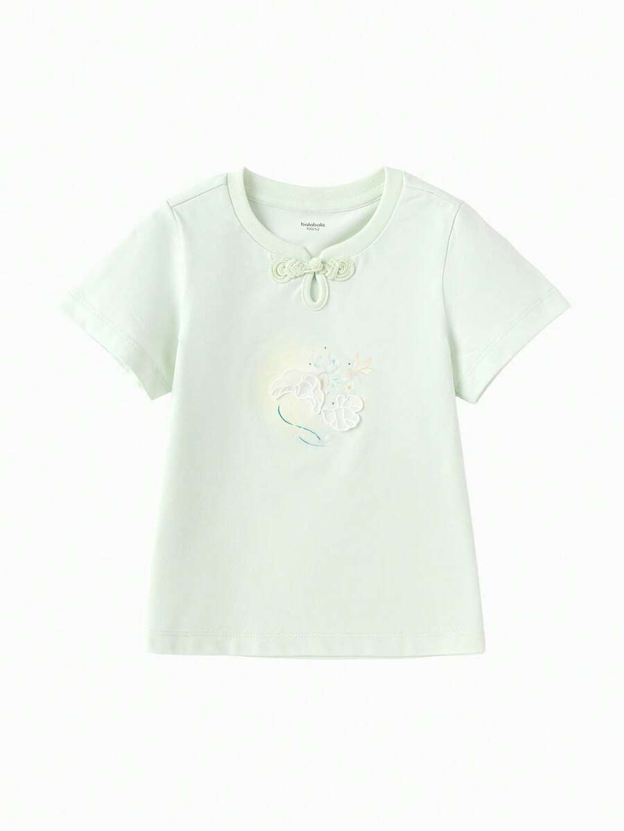 Balabala Girls Short Sleeve T-Shirt, Antibacterial Fabric, Chinese Style Print Summer Top - Green Tone - View 1