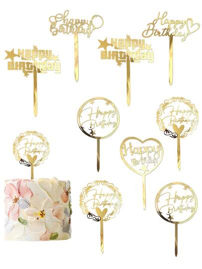 Acrylic Happy Birthday Cake Toppers, Gold Glitter Cupcake Picks For Birthday Party Cake, Dessert And Pastry Decoration