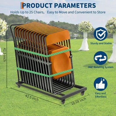 Carrello porta sedie pieghevole con ruote, capacità di carico 136 kg, robusto carrello porta sedie in metallo, carrello per trasporto verticale per grandi eventi aziendali, matrimoni e vari eventi