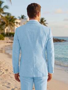 2pcs Men's 2 Piece Light Blue Linen Suits For Men Slim Fit Casual Beach Wedding Summer Grooms Groomsmen Linen Blazer Pants Suit - 淺藍色 - 查看 2
