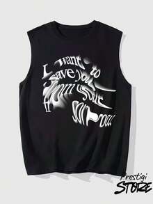 Men's Tank Top To Save You 100% Cotton Crew Neck Comfortable Streetwear Casual Summer Breathable Gym Fitness - 黑色 - 查看 2
