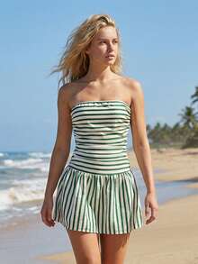 Vestido mini para mujer, sin tirantes, espalda descubierta, a rayas, ajustado, de verano, para discoteca - Verde - Ver 3