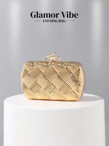 魅力四射的金色菱形编织纹理硬壳手拿包，时尚树枝锁扣，派对手提包，情人节礼物，配有金属链条肩带，可斜挎或单肩背，适合派对、宴会、婚礼、舞会、庆典、新娘、伴娘、正式场合穿着。 - 金色 - 查看 1
