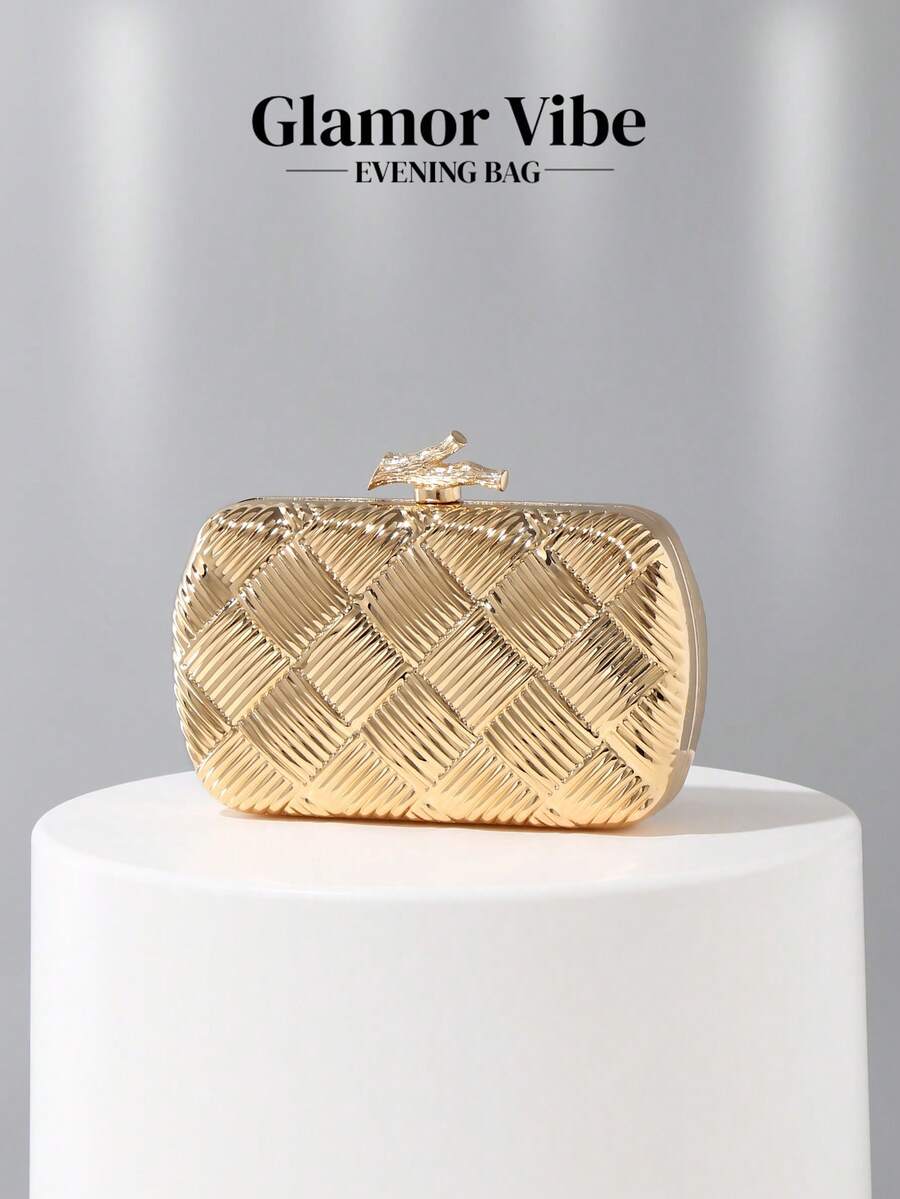 魅力四射的金色菱形编织纹理硬壳手拿包，时尚树枝锁扣，派对手提包，情人节礼物，配有金属链条肩带，可斜挎或单肩背，适合派对、宴会、婚礼、舞会、庆典、新娘、伴娘、正式场合穿着。 - 金色 - 查看 1