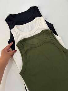 Women's Plain Basic Ribbed Cotton Tank Top, American Style, Summer Blogger Style, Cotton - MÀU XANH LÁ CÂY QUÂN ĐỘI TRƠN - Xem 4