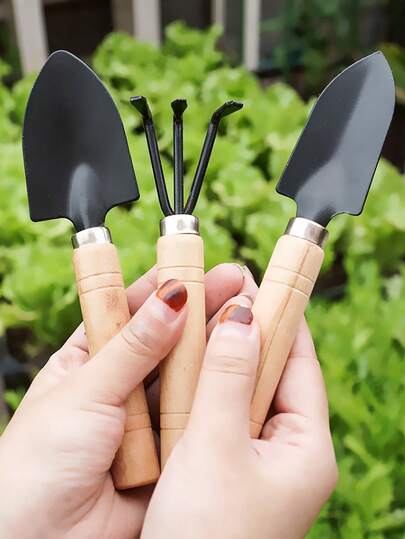 Juego de 3 palas de jardín de madera, con mango de madera y cabezal de metal, adecuado para plantar, trasplantar, aflojar la tierra, desherbar, plantas en macetas, jardinería y plantación en balcones, tanto en interiores como en exteriores