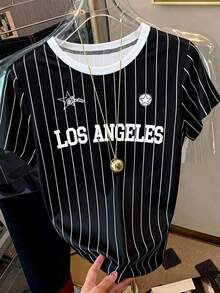 Una camiseta de manga corta para mujer con estampado de unicornio a rayas, adecuada para el uso diario en verano - Color mixto 3 - Ver 3