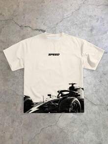 1 chiếc áo thun ngắn tay cổ tròn in chữ SPEED Formula Racing Car thoải mái, phong cách đường phố thường ngày dành cho bé trai, thích hợp cho mùa xuân/hè. - Màu be - Xem 1