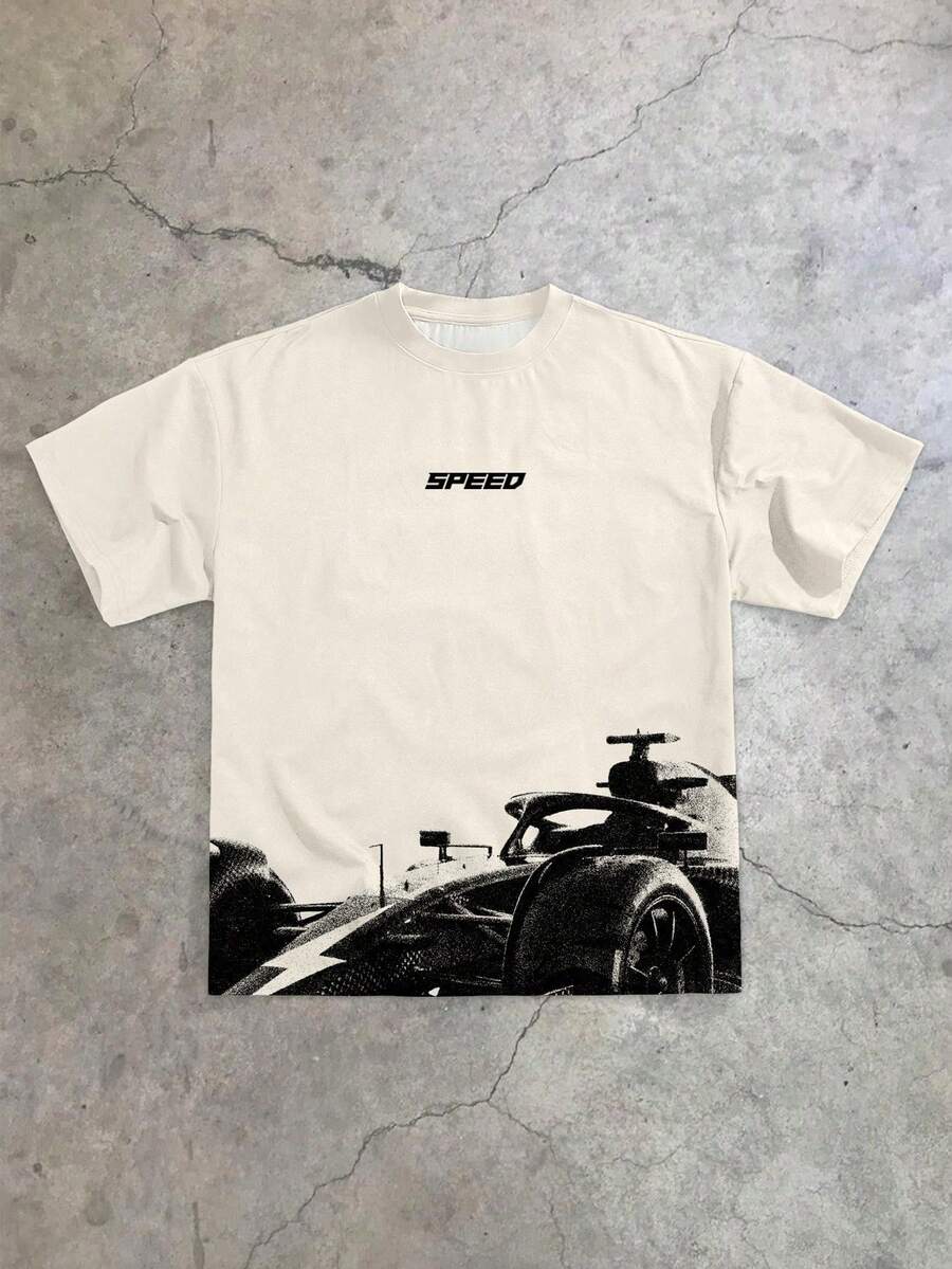 1 chiếc áo thun ngắn tay cổ tròn in chữ SPEED Formula Racing Car thoải mái, phong cách đường phố thường ngày dành cho bé trai, thích hợp cho mùa xuân/hè. - Màu be - Xem 1