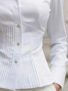 新款女士优雅衬衫，时尚白色长袖纽扣衬衫，褶裥设计，高端精致风格，专业简约外观，适合休闲场合和春季约会。 - 白色 - 查看 2