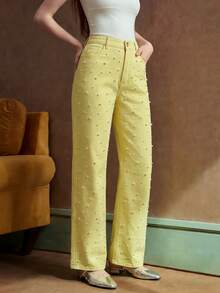 Jeans rectos de mujer de color amarillo con decoración de perlas, de moda y versátiles - Amarillo - Ver 3