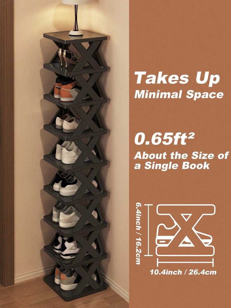 9/6 Tier Vertical Shoe Stand Space Saving Narrow Shoe Rack, Small Shoe Shelf, DIY Free Standing Shoes Storage Organizer For Entryway, Closet, Hallway, Easy Assembly And Stable In Structure, Black & White, Plastic Material, Consumables - 黑色 - 查看 1