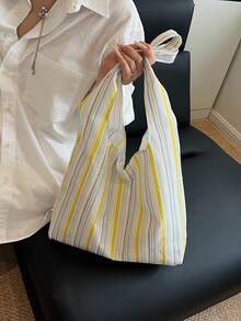 Bolso de lona fresco y elegante, bolso de hombro con textura a rayas, bolso de gran capacidad para estudiantes y viajes - Amarillo - Ver 9