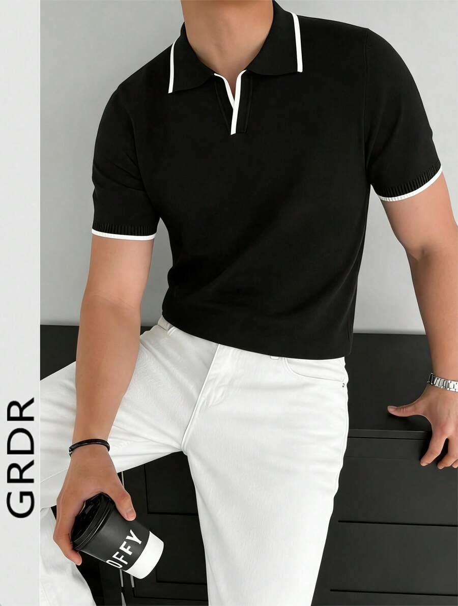 GRDR Men's Striped Casual Fashionable Versatile Knit Short Sleeve T-Shirt - Black - View 1