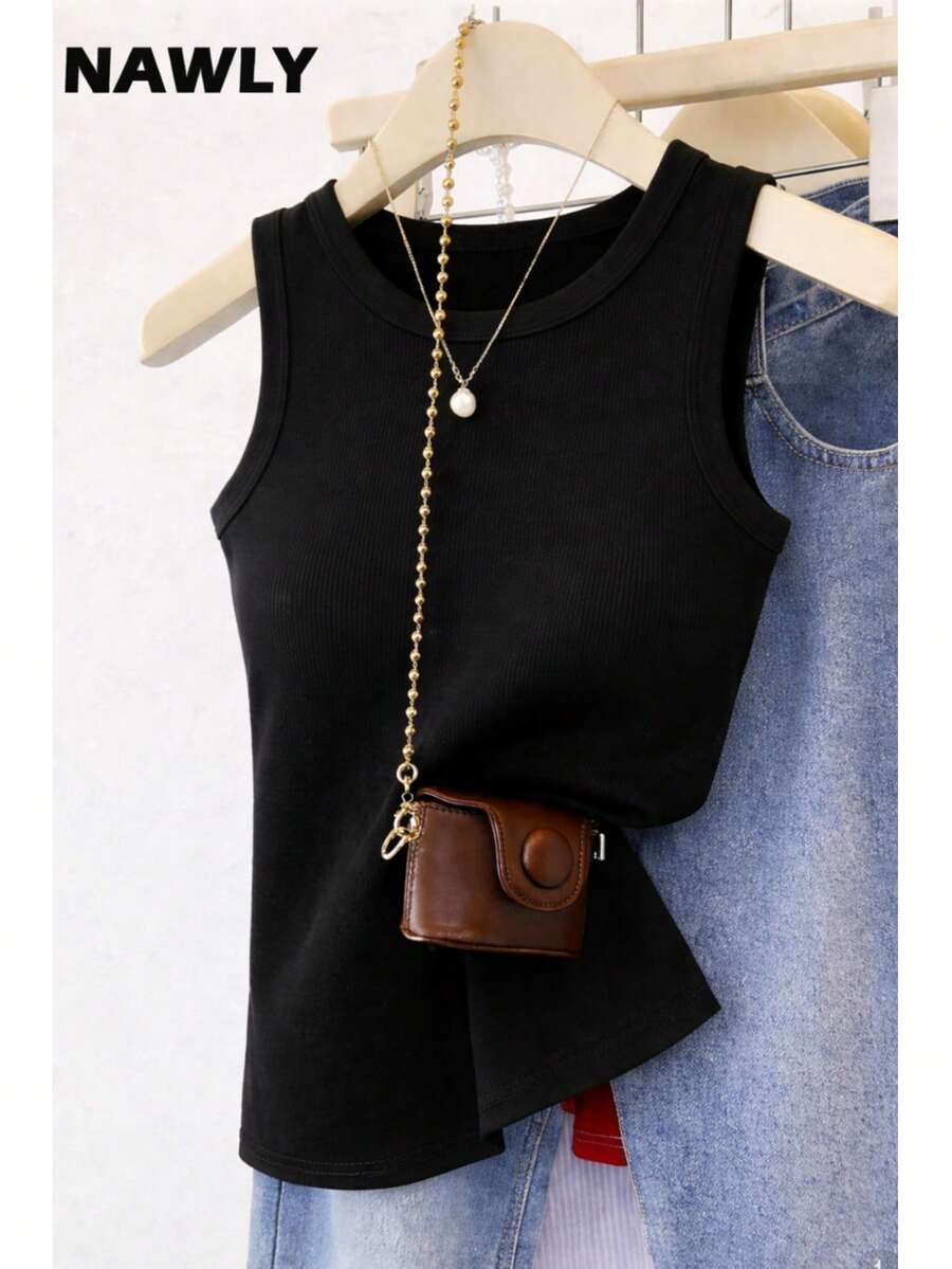 Women's Plain Basic Ribbed Cotton Tank Top, American Style, Summer Blogger Style, Cotton - PLAIN BLACK - View 1