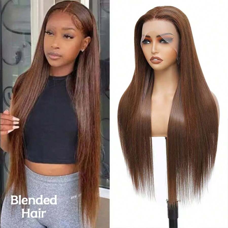 26 Inch 200% Density 13x4 Lace Front Wig, Chocolate Brown Mixed Hair, Pre-Trimmed With Baby Hair, Straight, Glueless, Daily Style Wig For Women, Brazilian Mixed Hair Lace Front Wig