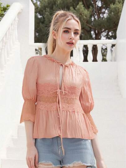 Women's Half Sleeve Loose Shirt Sheer Lace Patchwork Tie-Up Bow Peplum Tops For Summer