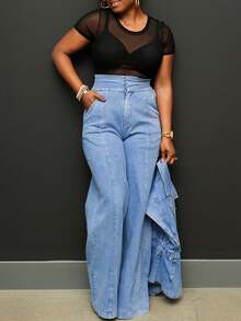 GLOURI Women's Blue Denim Two-Piece Pants Set - Sleeveless Blazer Vest & Wide-Leg Pants & Belted Waist & Lapel Collar Detail | Casual Chic Fit For Office Days, Weekend Outings For Effortlessly Stylish Looks - 藍色 - 查看 3