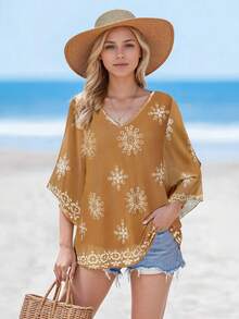 CheersLife 女士荷叶边七分袖V领双层网纱宽松飘逸束腰上衣，适合度假和春季穿着 - 黃色 - 查看 3